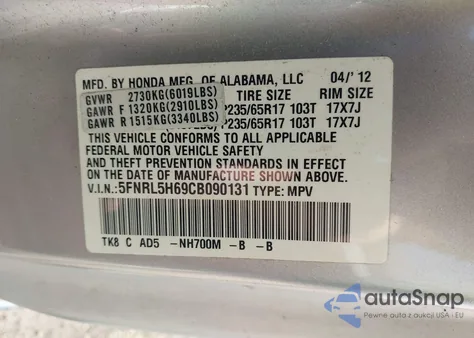 2012 Honda Odyssey Ex-L z USA, uszkodzony, nr VIN 5FNRL5H69CB090131